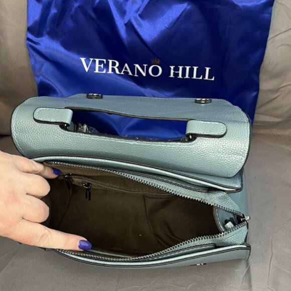 Fog Blue, Leather Satchel Crossbody Bag, Belt Flap Detail, NWOT - Picture 8 of 14